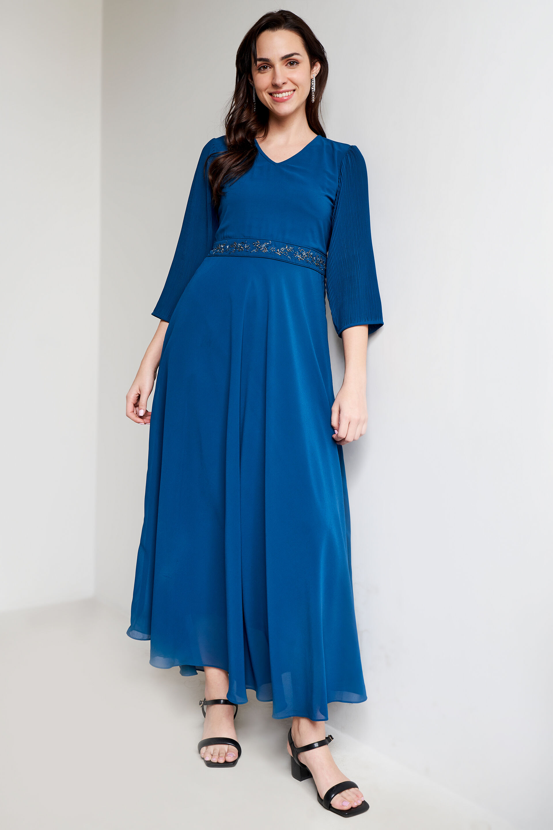 Teal Solid Flared Gown, Teal, image 3